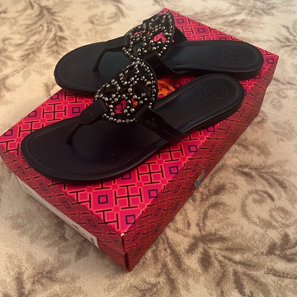 Tory Burch navy rhinestone embellished miller sandal - Picture 2 of 5